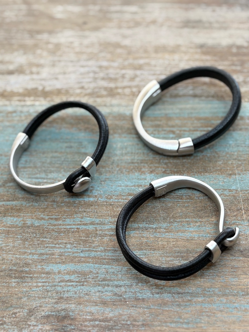 Women’s Dark Brown Leather and Silver Bracelet Trio